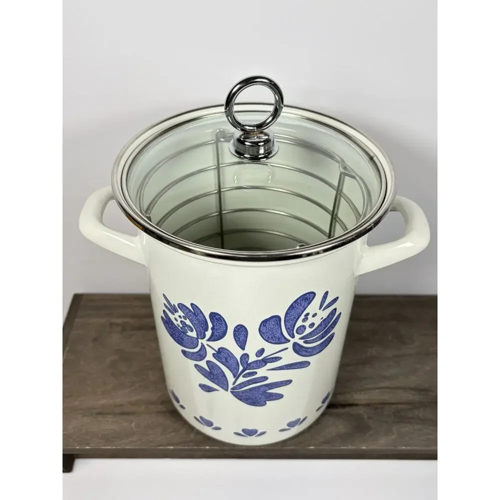 Vintage Pfaltzgraff Yorktowne Enamel Asparagus Pot, Lid, Metal Steamer Pre-Owned